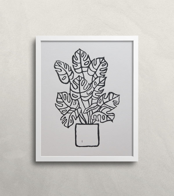 Monstera 8x10 Linocut Art Print - Grey