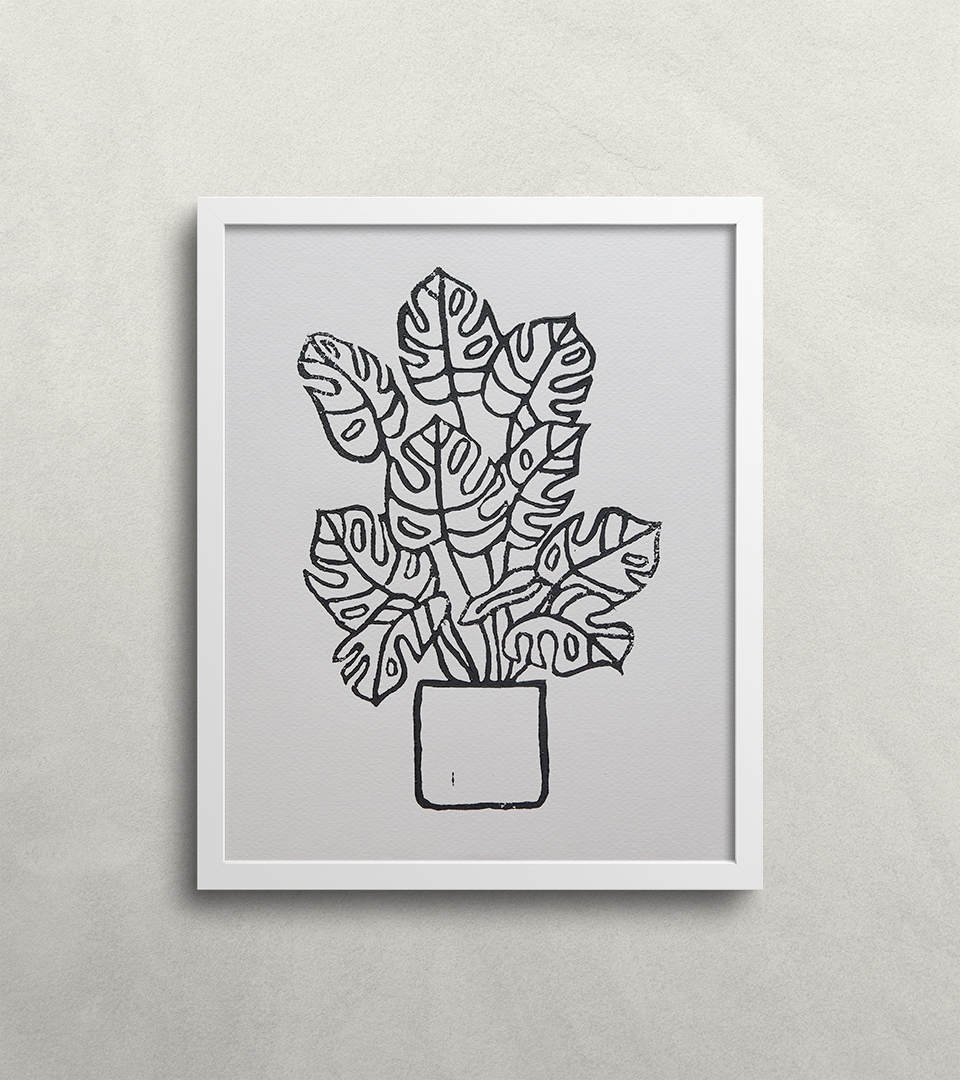 Monstera 8x10 Linocut Art Print - Grey
