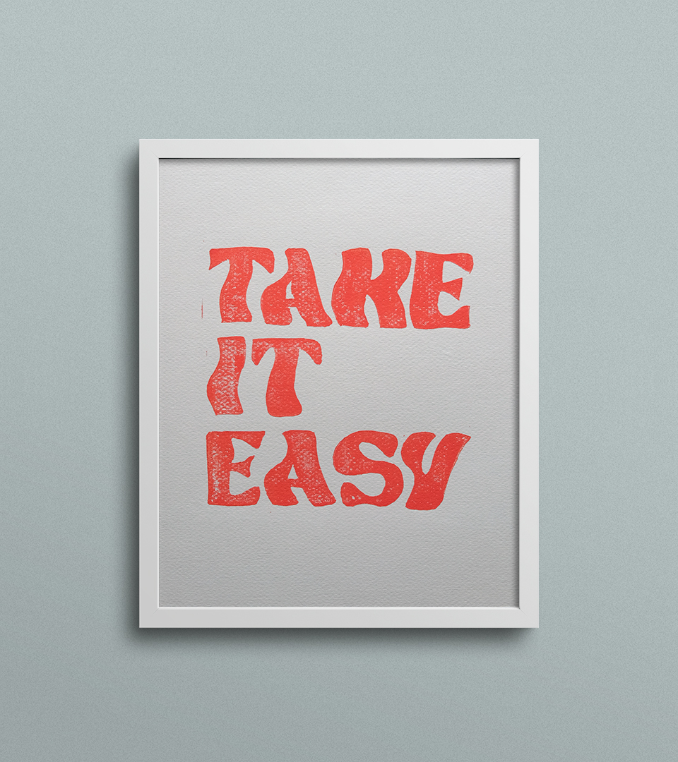 Take it Easy 8x10 Linocut Art Print - Red on Grey